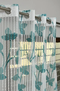 Panipat Textile Hub Semi Transparent  Net Curtains (florel Design ,Aqua) Pack of 2 - Window (4x5 feet)