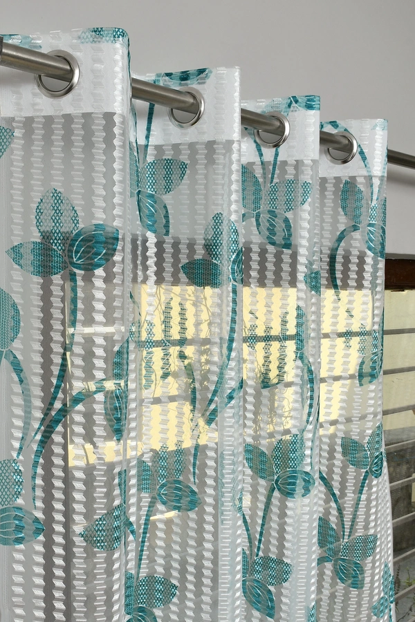 Panipat Textile Hub Semi Transparent  Net Curtains (florel Design ,Aqua) Pack of 2 - Window (4x5 feet)