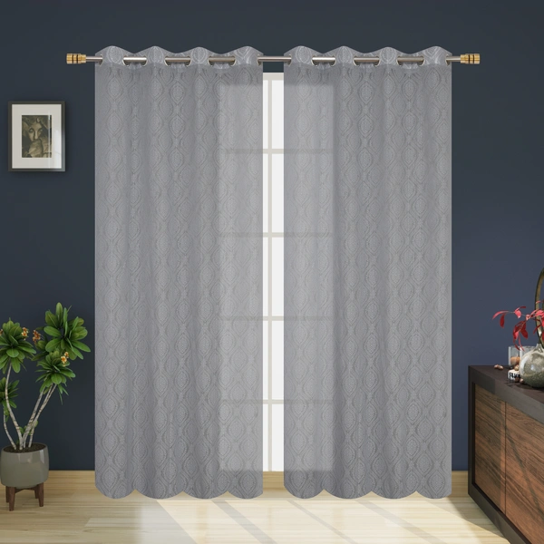 Panipat Textile Hub Semi Transparent  Net Curtains (Demask Design ,Gray) Pack of 2 - Door (4x7 Feet)