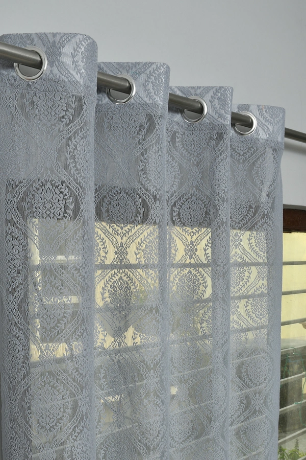 Panipat Textile Hub Semi Transparent  Net Curtains (Demask Design ,Gray) Pack of 2 - Door (4x7 Feet)