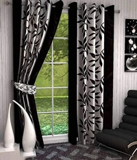 Phyto Home Polyester Eyelet Black Kolavery Printed Design curtains Pack of 2 - Window (4x5 Feet)