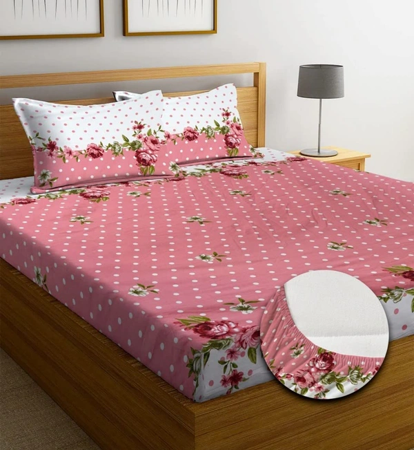 Premium Super Soft Fitted (Elastic) Pink Double Bedsheet with 2 Pillow cover