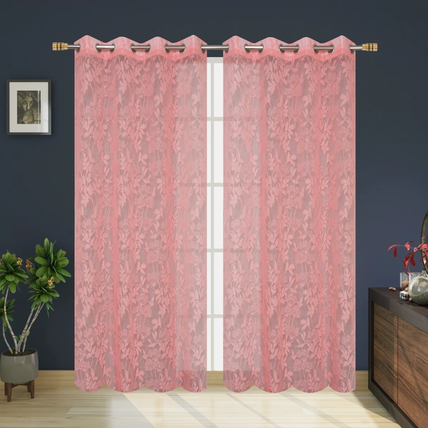 Tanishka fab Semi Transparent  Net Curtains (florel Design , Baby Pink) Pack of 2 - Window (4x5 feet)