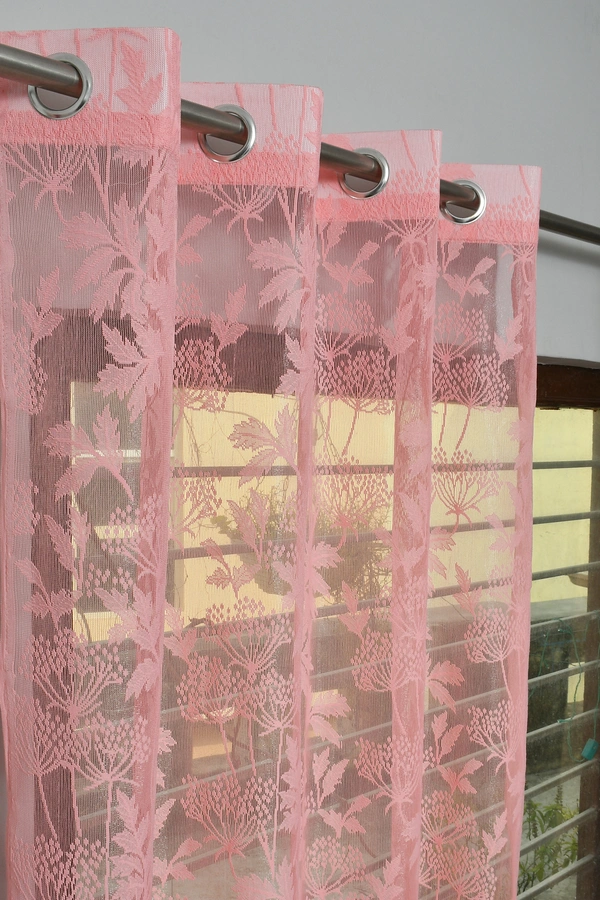 Tanishka fab Semi Transparent  Net Curtains (florel Design , Baby Pink) Pack of 2 - Window (4x5 feet)