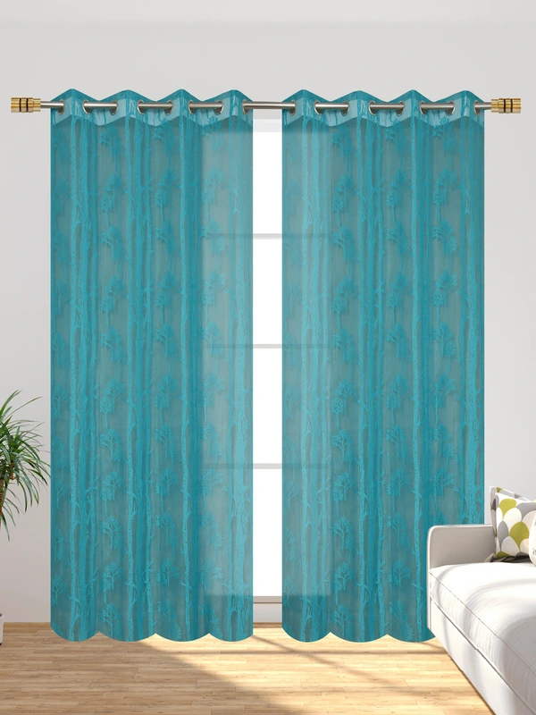 Tanishka fab Semi Transparent  Net Curtains (florel Design ,Aqua) Pack of 2 - Window (4x5 feet)