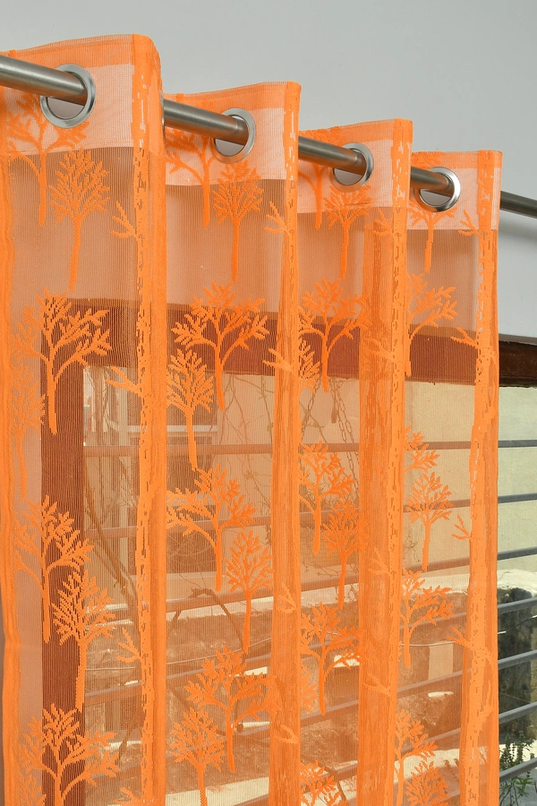 Tanishka fab Semi Transparent  Net Curtains (florel Design ,Orange) Pack of 2 - Door (4x7 Feet)