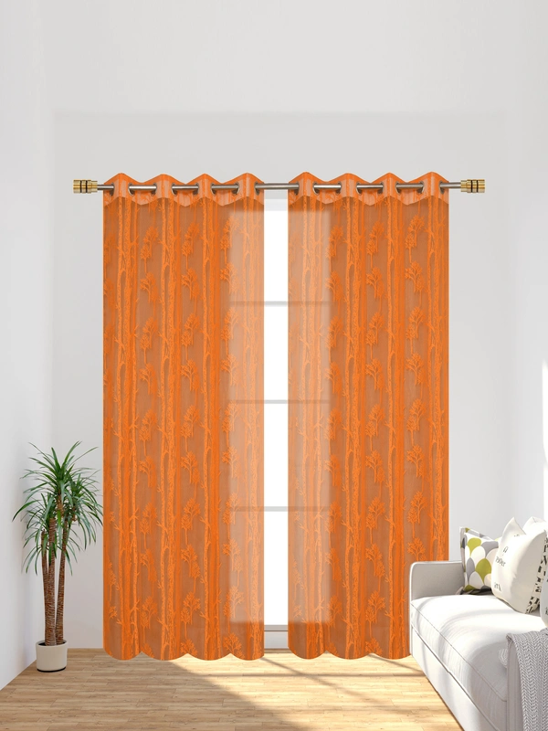 Tanishka fab Semi Transparent  Net Curtains (florel Design ,Orange) Pack of 2 - Door (4x7 Feet)