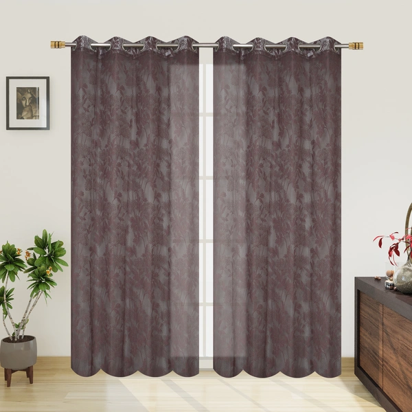 Tanishka fab Semi Transparent  Net Curtains (florel Design , Wine) Pack of 2 - Window (4x5 feet)