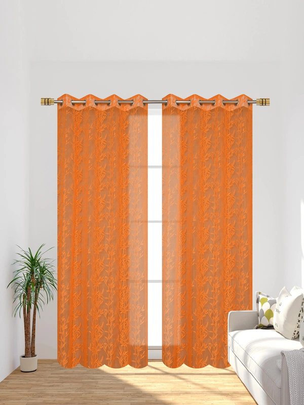 Tanishka fab Semi Transparent  Net Curtains (florel Design ,Orange) Pack of 2 - Window (4x5 feet)