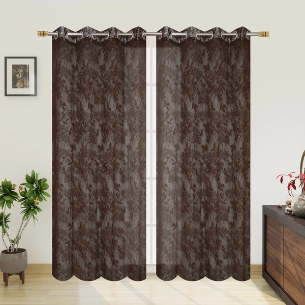 Tanishka fab Semi Transparent  Net Curtains (florel Design ,Brown) Pack of 2 - Door (4x7 Feet)