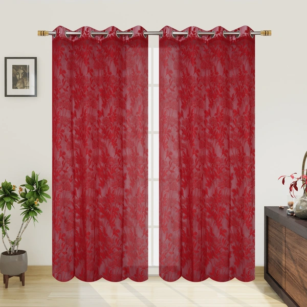 Tanishka fab Semi Transparent  Net Curtains (florel Design ,Red) Pack of 2 - Door (4x7 Feet)