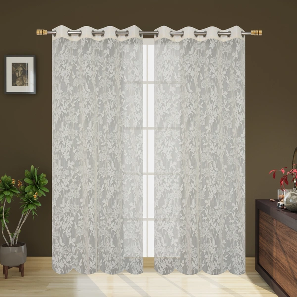 Tanishka fab Semi Transparent  Net Curtains (florel Design ,Cream) Pack of 2 - Window (4x5 feet)