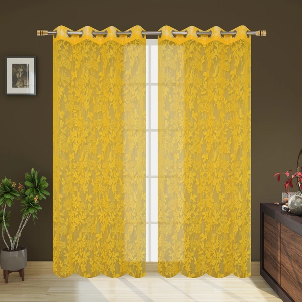 Tanishka fab Semi Transparent  Net Curtains (florel Design , Yellow) Pack of 2 - Door (4x7 Feet)