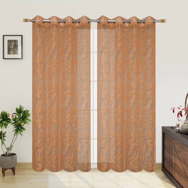 Tanishka fab Semi Transparent  Net Curtains (florel Design ,Gold) Pack of 2 - Window (4x5 feet)