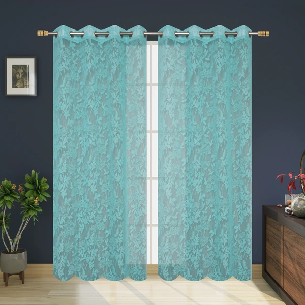 Tanishka fab Semi Transparent  Net Curtains (florel Design ,Aqua) Pack of 2 - Window (4x5 Feet)