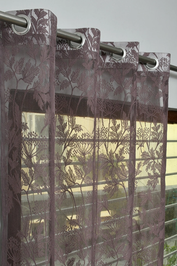 Tanishka fab Semi Transparent  Net Curtains (florel Design , Wine) Pack of 2 - Window (4x5 feet)