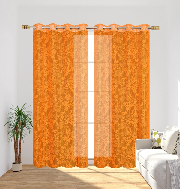 Tanishka fab Semi Transparent  Net Curtains (florel Design ,Orange) Pack of 2 - Window (4x5 feet)