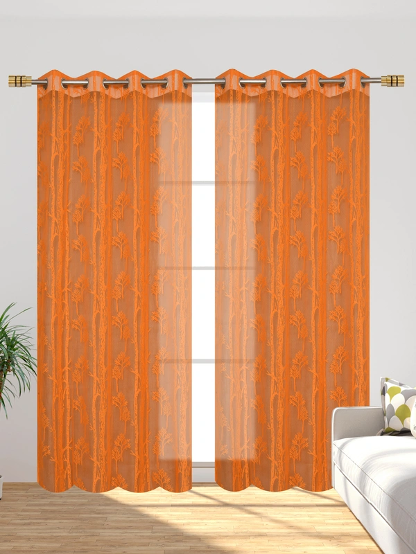 Tanishka fab Semi Transparent  Net Curtains (florel Design ,Orange) Pack of 2 - Window (4x5 feet)