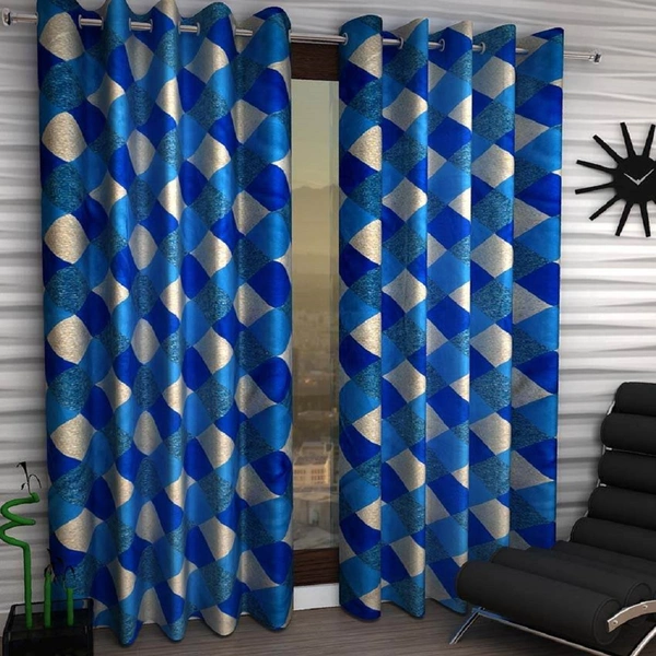 Tanishka Fabs polyester Eyelet Blue Suprimo Check Printed Design curtains Pack of 2 - Window (4x5 Feet)