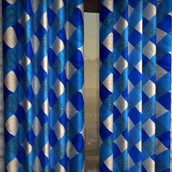 Tanishka Fabs polyester Eyelet Blue Suprimo Check Printed Design curtains Pack of 2 - Window (4x5 Feet)