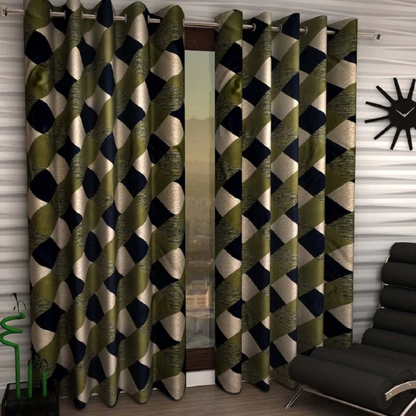 Tanishka Fabs polyester Eyelet Green Check Printed Design curtains Pack of 2 - Window (4x5 Feet)