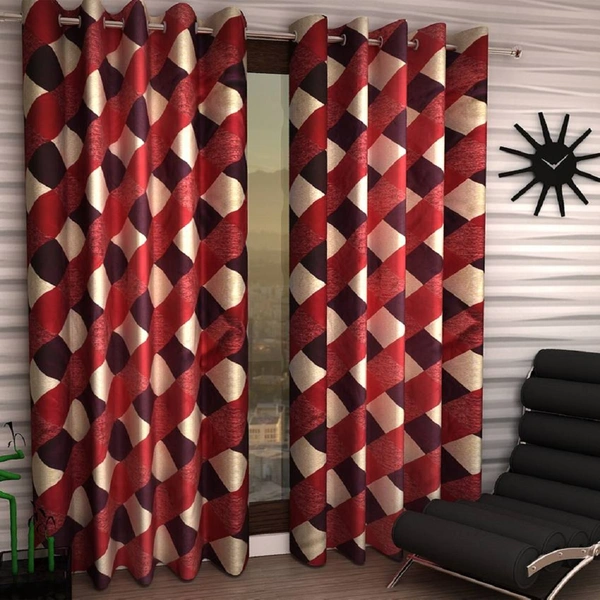Tanishka Fabs polyester Eyelet Maroon Check Printed Design curtains Pack of 2 - Window (4x5 Feet)