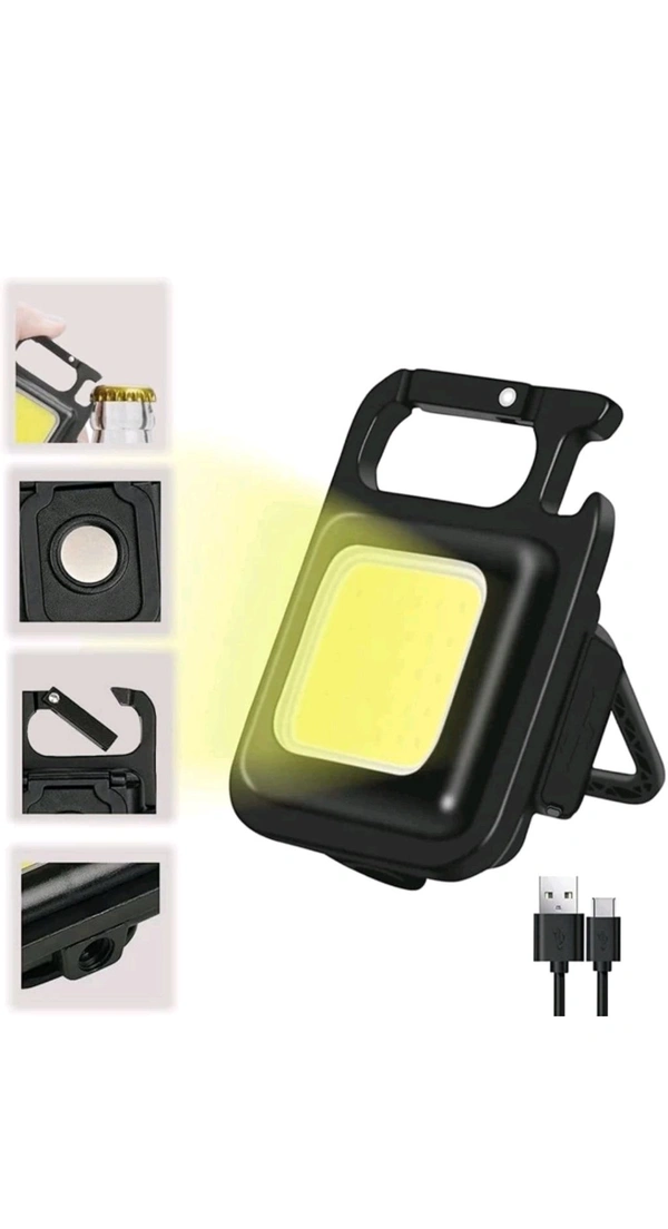 Miniature Power Key Chain Light With Bottle Opener, 3 Lights Modes,Rechargable Type C,Magnetic Holder and Folding Bracket Chain.   - Black, Freesize