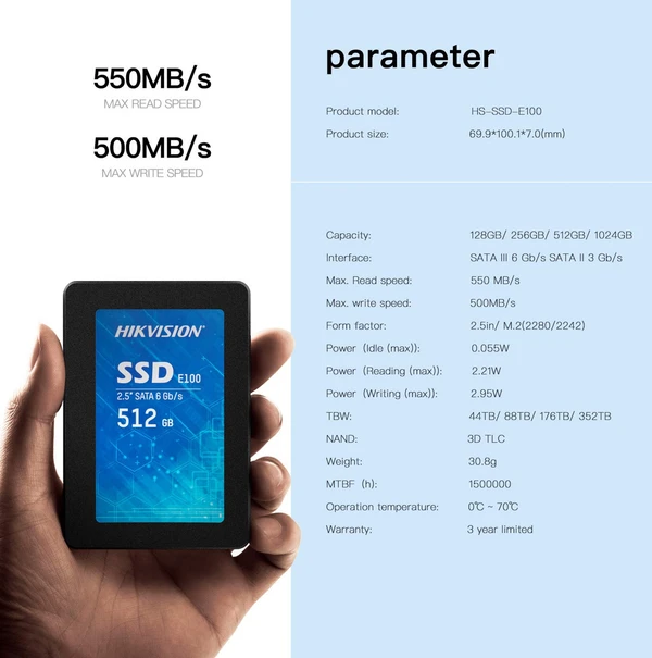 HIKVISION 2.5-Inch Internal SSD 512GB, SATA 6Gb/s, up to 550MB/s - E100 Solid State Disks 3D Nand TLC - 512gb