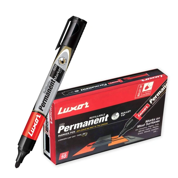 Luxor 1222 Refillable Permanent Bold Marker - Black - Box of 10 | Royal Stationers Best Quality Guarantee - Black