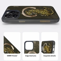 Premium 3D Embroidered Fantasy Animal Series Leather MagSafe Case for iPhone 14 &15 Series( Golden Leopard) - (iphone 14pro)