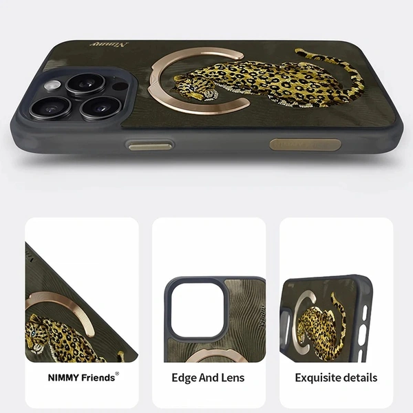 Premium 3D Embroidered Fantasy Animal Series Leather MagSafe Case for iPhone 14 &15 Series( Golden Leopard) - (iphone 14pro)