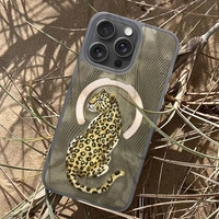 Premium 3D Embroidered Fantasy Animal Series Leather MagSafe Case for iPhone 14 &15 Series( Golden Leopard) - (iphone 14pro)