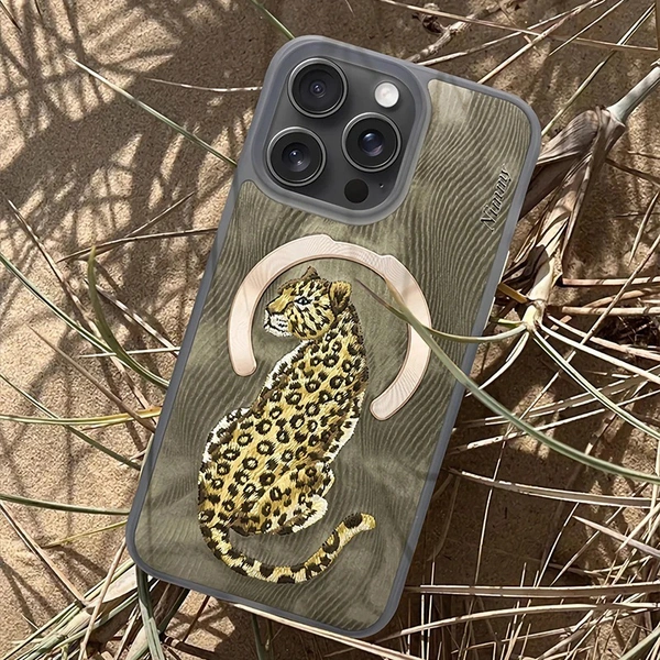 Premium 3D Embroidered Fantasy Animal Series Leather MagSafe Case for iPhone 14 &15 Series( Golden Leopard) - (iphone 14pro)