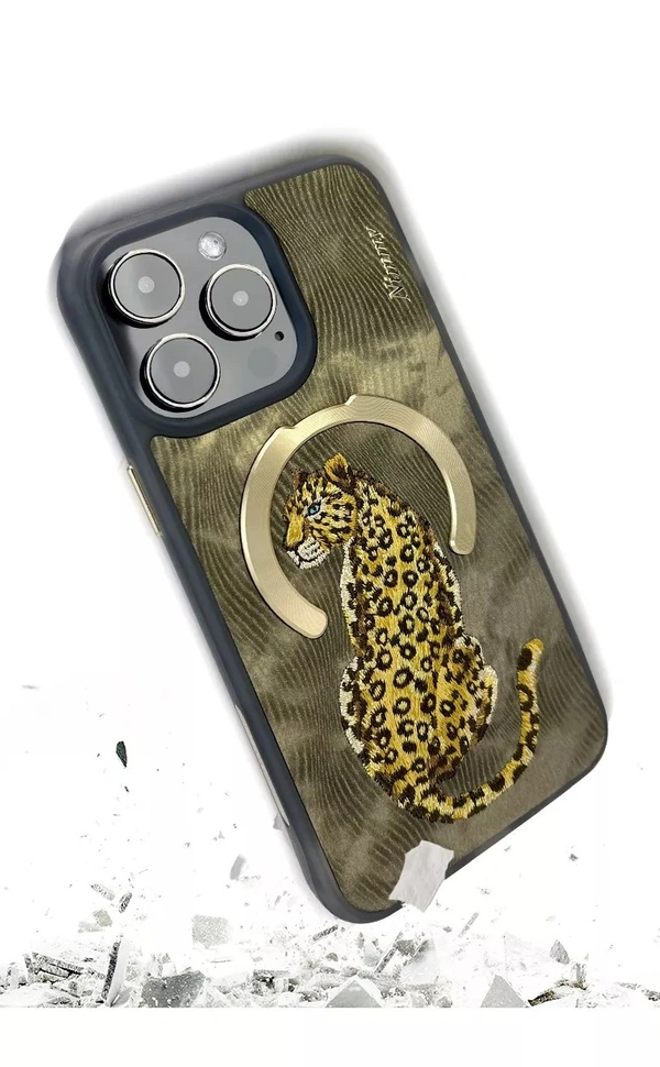 Premium 3D Embroidered Fantasy Animal Series Leather MagSafe Case for iPhone 14 &15 Series( Golden Leopard) - (iphone 14pro)