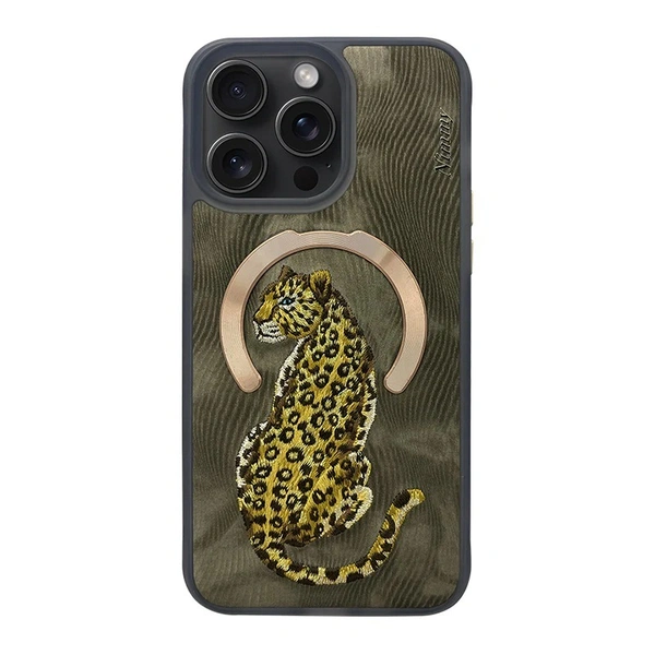 Premium 3D Embroidered Fantasy Animal Series Leather MagSafe Case for iPhone 14 &15 Series( Golden Leopard)
