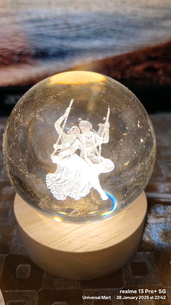 Radha Krishna On Jhula Crystal Ball With Light Base