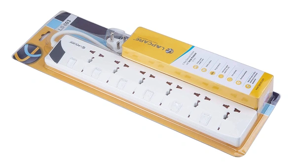 Lapcare 6 Way Extension Socket with Spike Buster 3 m Cable (White) - White