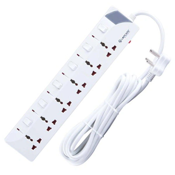 Lapcare 6 Way Extension Socket with Spike Buster 3 m Cable (White) - White