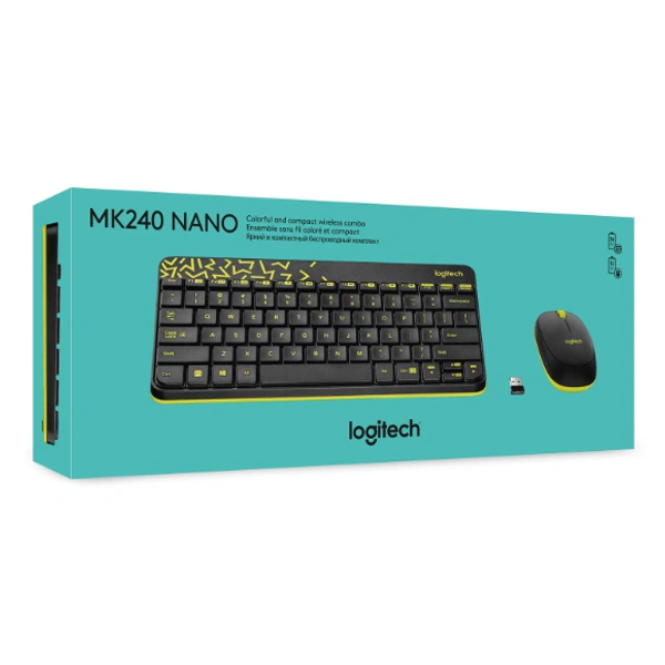 Logitech MK240 Nano Wireless Keyboard and Mouse Combo,12 Function Keys 2.4GHz Wireless, 1000DPI,Spill-Resistant Design, PC/Mac-Black/Chartreuse Yellow - Black