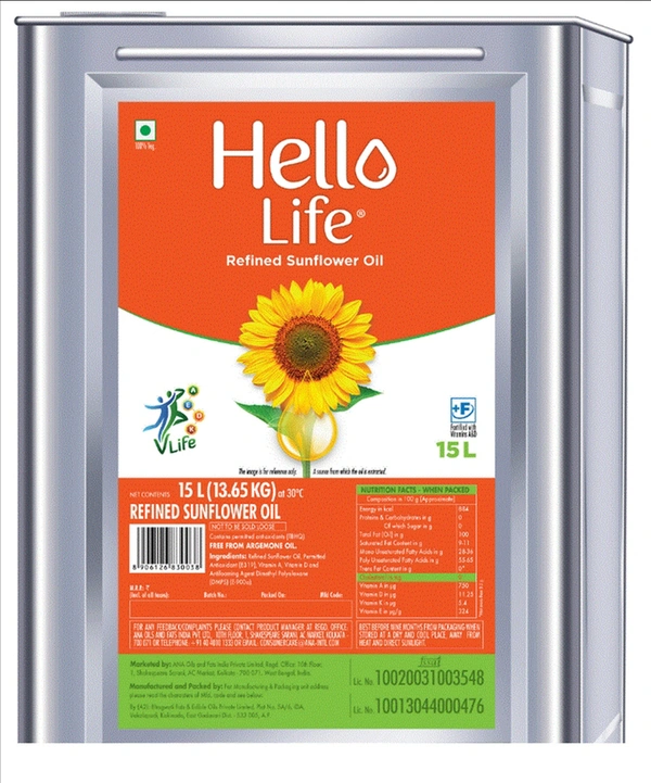 Hello Life Sunflower Oil - Web Orange, 15 Lit