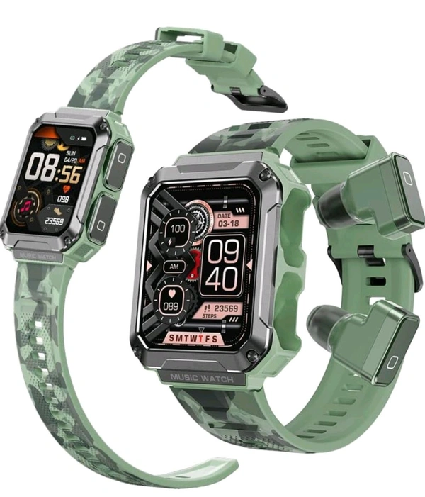 WatchOut WearPods Smartwatch with Wireless TWS Earbuds, GPS Fitness Tracker, Music Storage, Heart Rate, Always-on HD Display, Best Headphones & Smart Watch (Military Green) - Web Orange, Normal