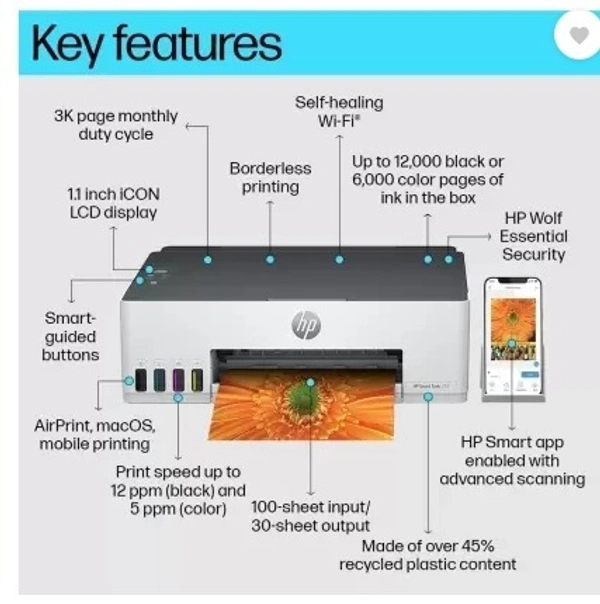 HP Smart Tank 210 Single Function WiFi Color Ink Tank Printer with 1 Extra Black Ink Bottle and Up to 8000 Black & 6000 Pages of Ink in box  (5 Ink Bottles Included) - Black