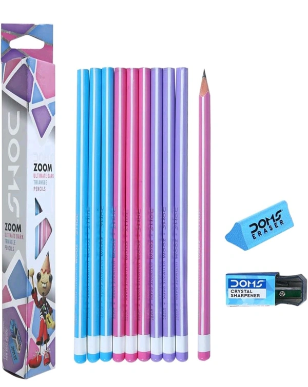 Doms Zoom Triangke Ultimate Dark Pencil Box ( Pack Of 10 Pencil, 1 Eraser, 1 Sharpener)