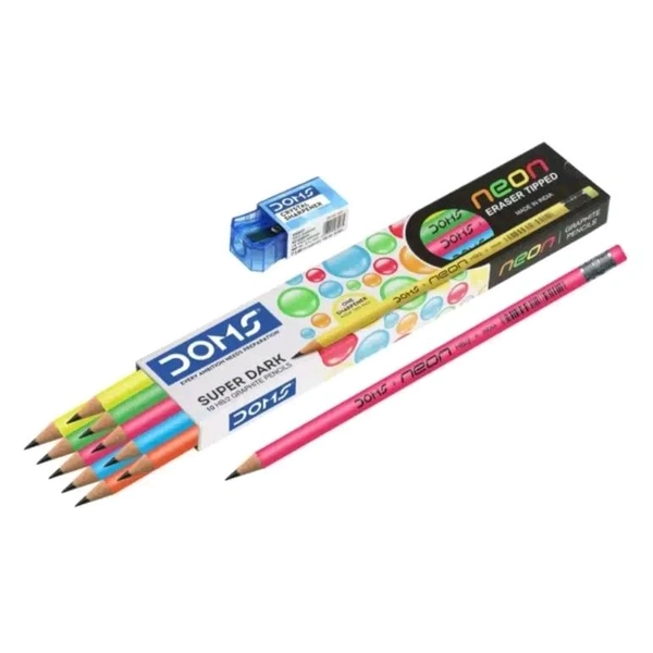 DOMS Neon Rubber Tipped HB/2 Graphite Pencils (Pack of 10 Pencils, 1 eraser, 1 sharpener) - 1pc