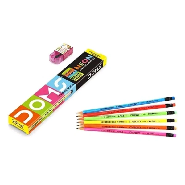 DOMS Neon Rubber Tipped HB/2 Graphite Pencils (Pack of 10 Pencils, 1 eraser, 1 sharpener) - 1pc