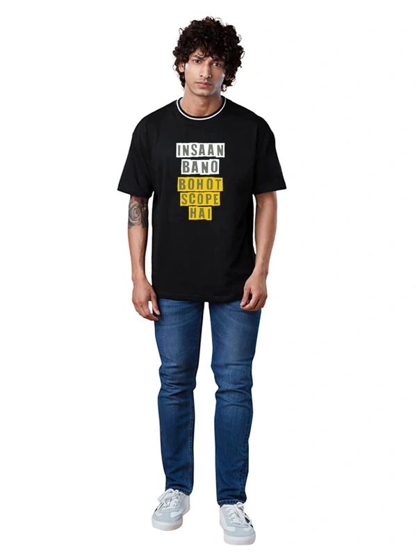 Oversized Drop Shoulder Stylish Slogan Insaan Bano Bahut Scope Hai Printed T-Shirt - S