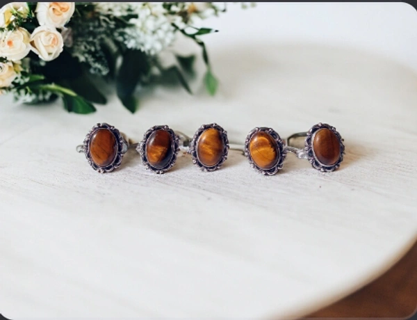 Meera Jewels Stone Rings - Science Blue, Adjustable, Tiger Eye