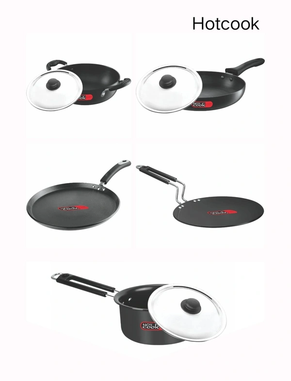 Hotcook Black Hard Anodised Cookware Set without LID | Deep Kadai, Frypan, Tawa, Dosa Tawa, Souce Pan - 60