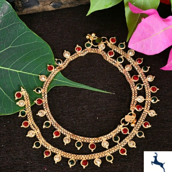 Golden Color Glass Studded Anklet for Girl and Women - 5.0