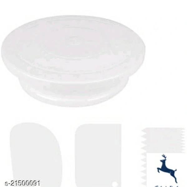  Combo Set of Plastic Revolving Turn Table Cake Stand with 3 Scrapper, White - 5.0